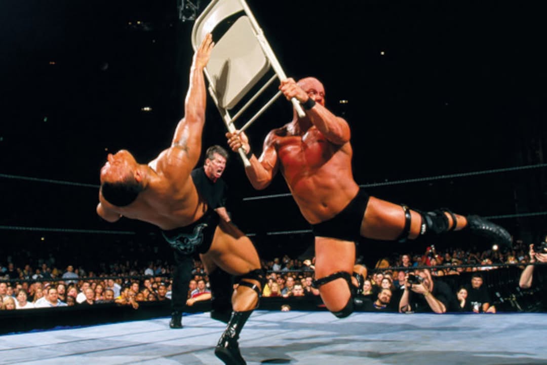 2001 WrestleMania X-Seven (End of an Era) Stone Cold Steve Austin aligns with Vince McMahon after beating The Rock… and fans collectively lost their shit.